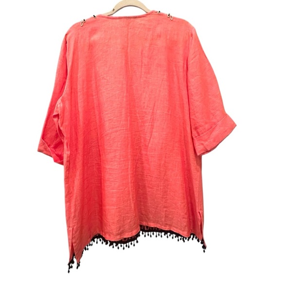 Land's End 100% Linen Coral Tunic Top Embellished Coastal Relaxed Resort Size 1X - Picture 2 of 10